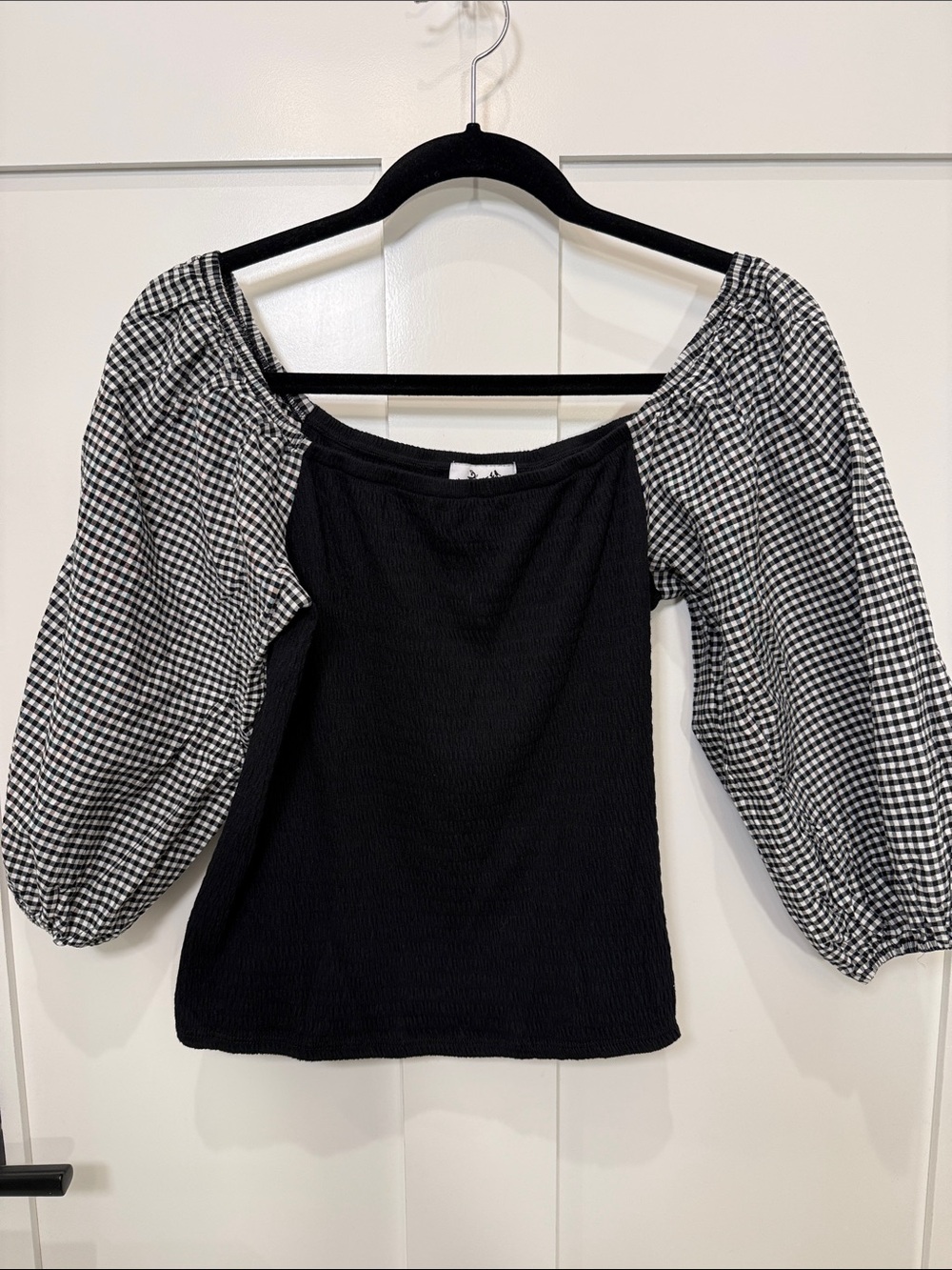Anthropologie Black Top with Black-and-White Gingham Puff Sleeves